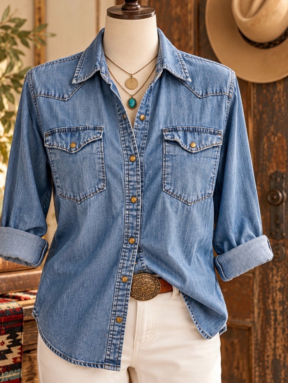 Wrangler - Light Blue - Soft Denim - Snap button- pocketed western shirt - L